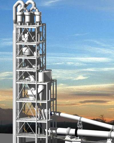Cyclone preheater towers and storage silos at cement manufacturing facility.